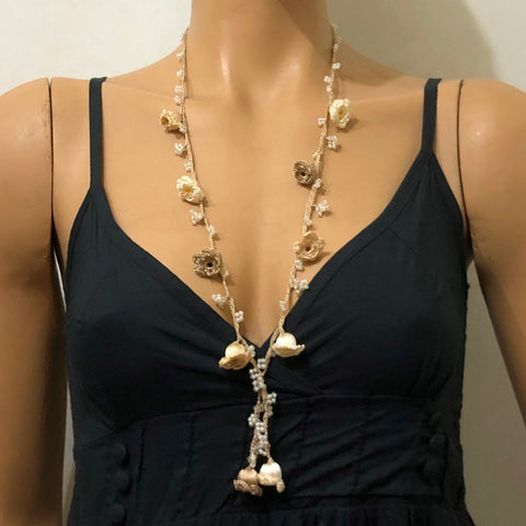Taupe Beige and Cream white Crochet oya TULIP lace necklace with Beads