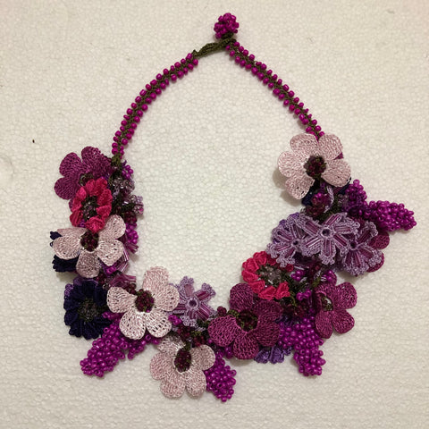 Pink,Lilac and Plum Bouquet Necklace with Fuschia Grapes - Crochet OYA Lace Necklace