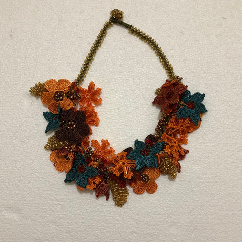 Burnt Orange and Brown Bouquet Necklace with Yellow grapes -Crochet OYA Lace Necklace
