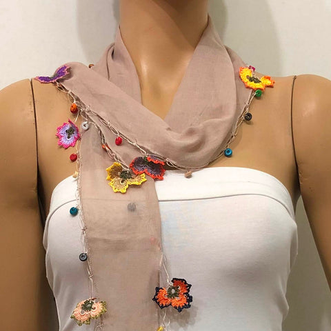 Taupe Scarf with Handmade Oya Lace Flowers