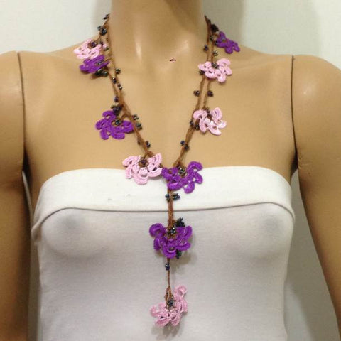 10.11.11 Pink and Purple Crochet beaded flower lariat necklace with purplish Beads