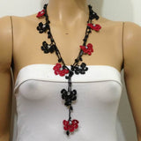 10.11.12 Black and Dark Red Crochet beaded flower lariat necklace with Black Onyx Stones