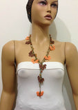 10.11.14 Orange and Brown Crochet beaded flower lariat necklace with Agate Stones