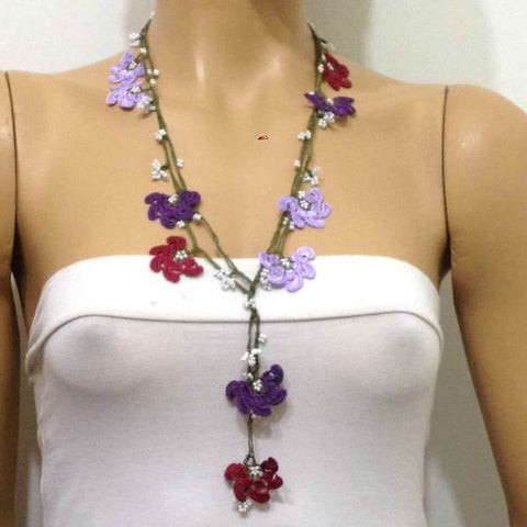 10.11.15 Burgundy,Lilac and Purple Crochet beaded flower lariat necklace with White Beads.