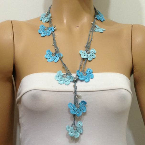 10.11.16 Blue Crochet beaded flower lariat necklace with White Transparent Beads