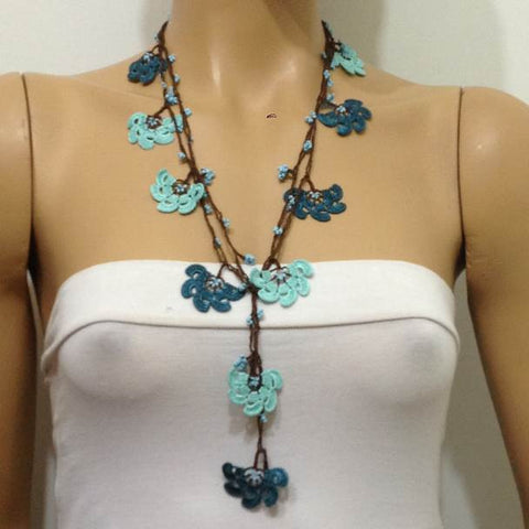 10.11.17 Teal Green Crochet beaded flower lariat necklace with Brown Strand and Blue Beads