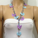 10.11.21 BLUE and Lilac Crochet beaded flower lariat necklace with Pink Stones