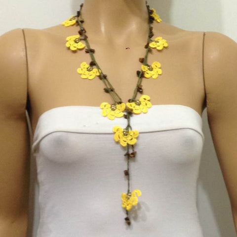 10.11.22 Yellow Crochet beaded flower lariat necklace with Brown Tigers Eye Stones