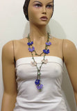 10.11.23 Lilac,Royal Blue Beige Crochet beaded flower lariat necklace with Green Jade Stones