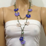 10.11.23 Lilac,Royal Blue Beige Crochet beaded flower lariat necklace with Green Jade Stones