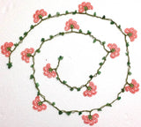 10.11.24 Pink Crochet beaded flower lariat necklace with Green Jade Stones