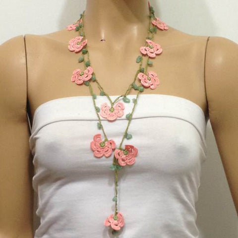10.11.24 Pink Crochet beaded flower lariat necklace with Green Jade Stones