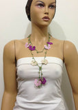 10.11.25 Pink,Purplish,Beige Crochet beaded flower lariat necklace with Green Jade Stones