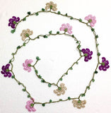 10.11.25 Pink,Purplish,Beige Crochet beaded flower lariat necklace with Green Jade Stones