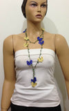 10.11.26 Yellow, Night Blue Crochet beaded flower lariat necklace with Green Jade Stones