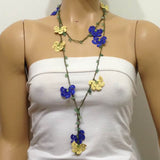10.11.26 Yellow, Night Blue Crochet beaded flower lariat necklace with Green Jade Stones