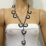 10.12.11 Black and White Crochet beaded flower lariat necklace with white beads