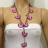 10.12.13 Pink Crochet beaded flower lariat necklace with Pink beads.