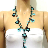10.14.11 Blue and Black Daisy Crochet beaded flower lariat necklace with Blue Turquoise Stones
