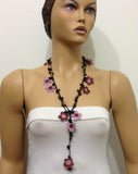 10.14.12 Lilac and Brown Daisy Crochet beaded flower lariat necklace with Black Star Stones