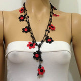 10.14.13 Black and Red Daisy Crochet beaded flower lariat necklace with Black ONYX Stones