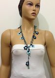 10.14.14 Blue and Navy Daisy Crochet beaded flower lariat necklace with Blue Turquoise Stones.