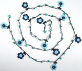 10.14.14 Blue and Navy Daisy Crochet beaded flower lariat necklace with Blue Turquoise Stones.