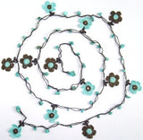 10.14.15 Brown and Teal Green Daisy Crochet beaded flower lariat necklace with Blue Turquoise Stones.