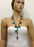 10.14.17 Blue and Dark Brown Daisy Crochet beaded flower lariat necklace with Blue TurquoiseStones.