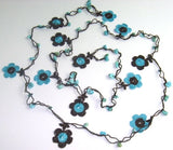 10.14.17 Blue and Dark Brown Daisy Crochet beaded flower lariat necklace with Blue TurquoiseStones.