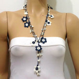 10.14.18 NAVY and White Daisy Crochet beaded flower lariat necklace with White Shell Stones.