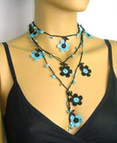 10.14.11 Blue and Black Daisy Crochet beaded flower lariat necklace with Blue Turquoise Stones