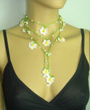10.15.11 White Daisy Crochet beaded flower lariat necklace with White Beads.