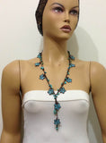 10.16.13 Brown and Blue beaded flower lariat necklace with natural Turquoise Gemstone.