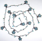 10.16.13 Brown and Blue beaded flower lariat necklace with natural Turquoise Gemstone.