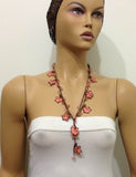 10.16.14 Peach and Brown beaded flower lariat necklace with natural Rose Quartz Gemstone.