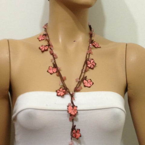 10.16.14 Peach and Brown beaded flower lariat necklace with natural Rose Quartz Gemstone.