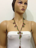 10.16.15 Green and Brown beaded flower lariat necklace with natural Green Chalcedony Gemstone.Genuine natural gemstone jewelry.
