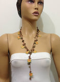 10.16.16 Orange and Green  beaded flower lariat necklace with Fancy Jasper (Indian Agate) Natural Gemstone.