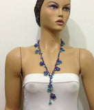 10.16.17 Green and Purple beaded flower lariat necklace with Blue Turquoise Natural Gemstone.