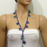 10.16.17 Green and Purple beaded flower lariat necklace with Blue Turquoise Natural Gemstone.