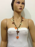 10.17.12 Yellow,Orange and Brown beaded OYA flower lariat necklace with natural Brown Tigers Eye Gemstone.