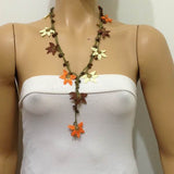 10.17.12 Yellow,Orange and Brown beaded OYA flower lariat necklace with natural Brown Tigers Eye Gemstone.