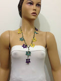 10.17.15 Green,Yellow and Purple  beaded OYA flower lariat necklace with white beads.