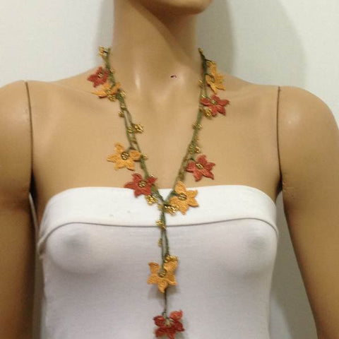 10.17.16 Yellow and Copper beaded OYA flower lariat necklace with golden beads.