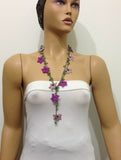 10.17.17 Lilac and Purple  beaded OYA flower lariat necklace with natural Green Jade Gemstone.