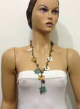 10.17.18 Green,Cream and Yellow Crochet beaded OYA flower lariat necklace with Brown Tigers Eye Semi-precious GemStones.