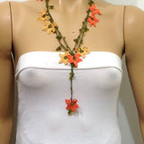 10.17.00 Orange and Yellow Crochet Lace Lariat Necklace