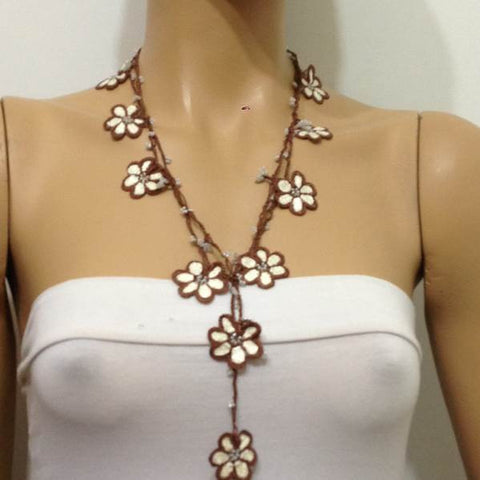10.19.12 Beige and Brown Crochet beaded OYA flower lariat necklace with White Beads.