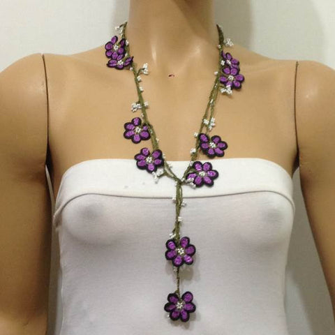 10.19.14 Violet and Purple Crochet beaded OYA flower lariat necklace with White Beads.